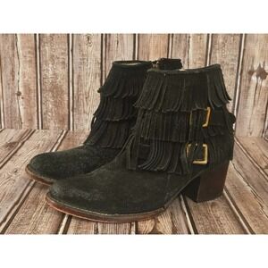 Sz 8 Freebird by Steven Women's Belle Black Suede Fringe Side Zip Ankle Boots